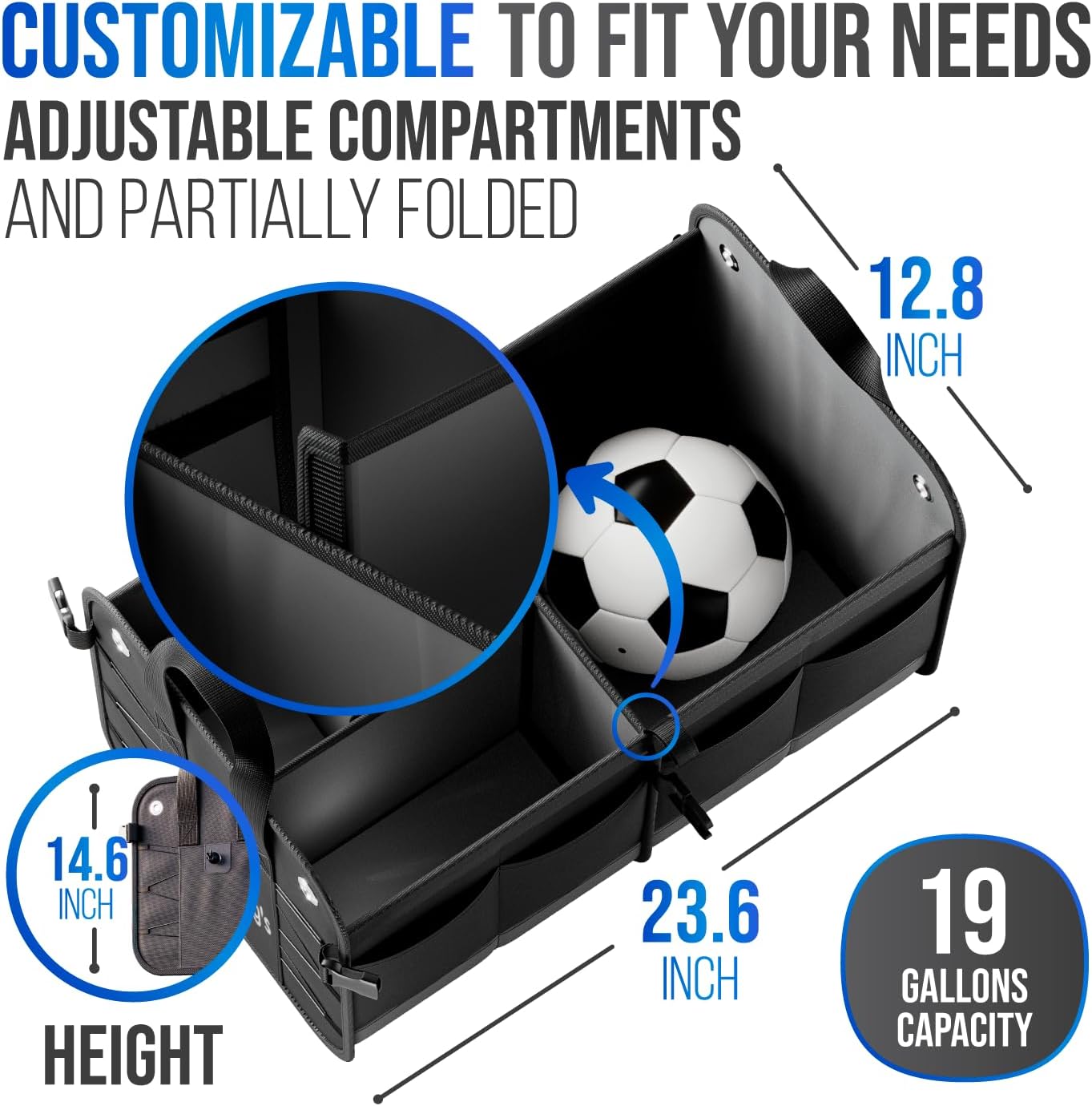 Car Trunk Organizer – Large Collapsible Storage Box with Adjustable Compartments – Heavy-Duty Cargo Organizer for SUV, Truck & Car – Non-Slip Waterproof Trunk Storage Bin for Groceries & Tools