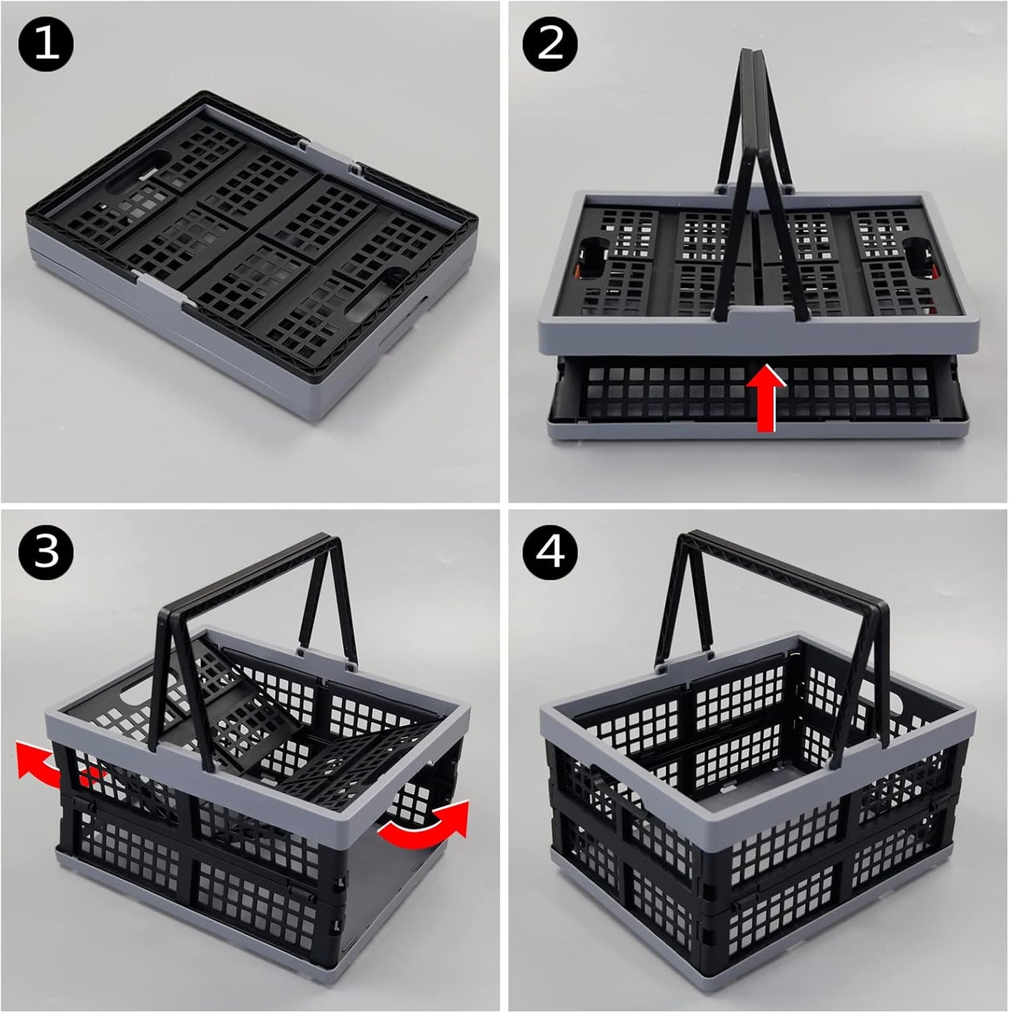 2-Pack 15 L Plastic Collapsible Shopping Basket with Handle | Folding Storage Crates, Collapsible Design, Portable Carry Handle, Stackable Structure, for Shopping, Pantry & Garage