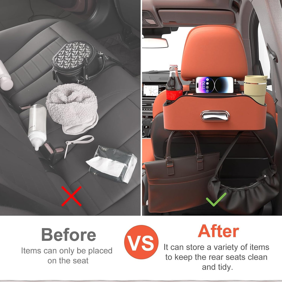 Back Seat Cup Holder for Car – Multifunctional Seat Back Organizer with Drink Holders, Tissue Box Storage & Hooks, Fits Headrest for Auto. (Orange)