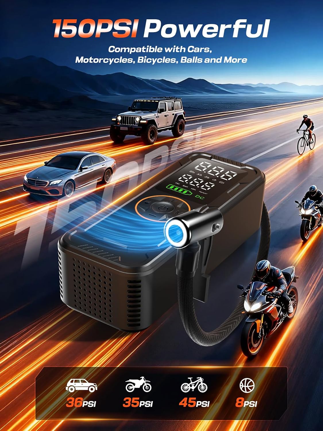 Tire Inflator Portable Air Compressor, 150PSI Electric Air Pump with Digital Pressure Gauge, Fast Inflation, Auto Shut-Off, 12V LED Light, Compact&Cordless Quick Inflation for Car, Motor, Bikes, Balls