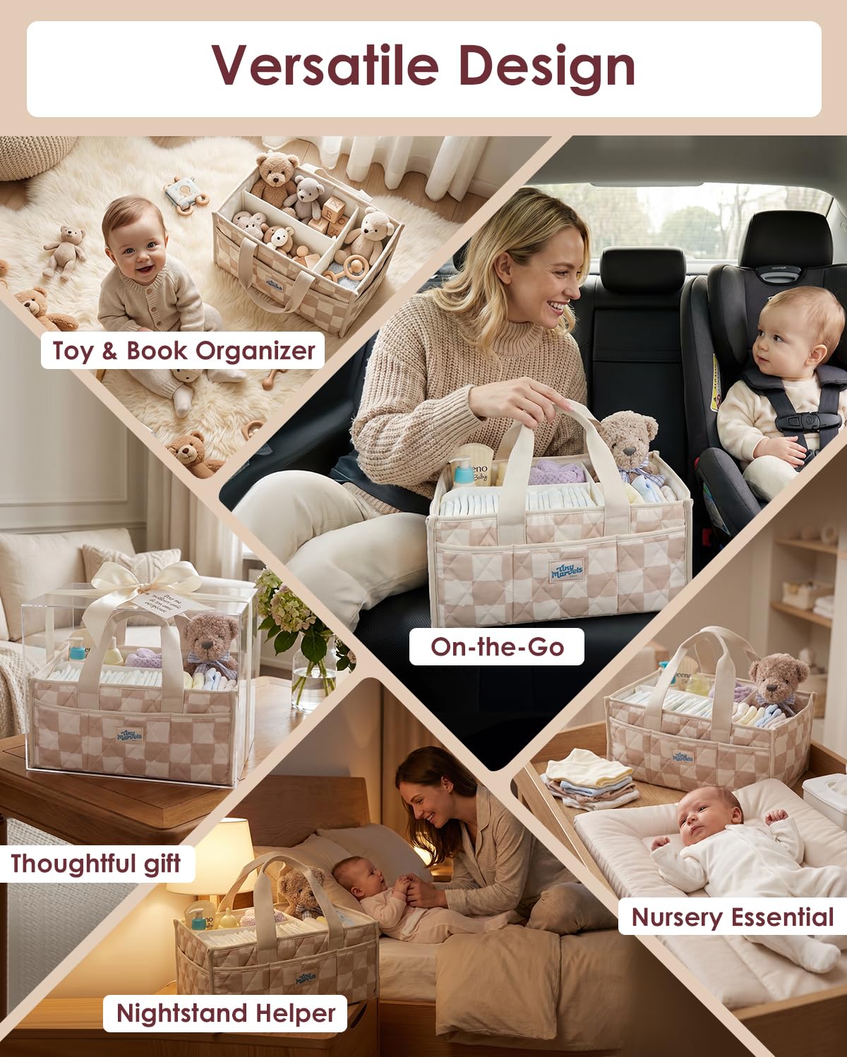 Baby Diaper Caddy Organizer – Nursery Storage Basket with Portable Handle & Removable Divider, Stylish Diaper Caddy for Changing Table, Couch, Car, Newborn Essentials Registry Search Must Haves