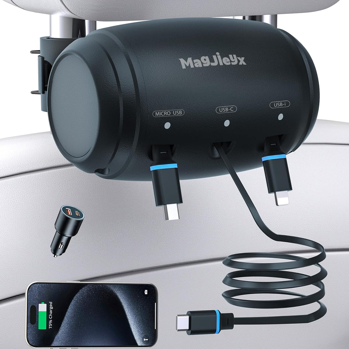 MAGJIEYX for Retractable Car Charging Station Box, 3 in 1 Headrest Fast Power Charging Dock Cord USB Type C Fits iPhone 17/16/15/14/iPad/Android/Samsung|Uber Lyft Backseat Passengers Share Rid