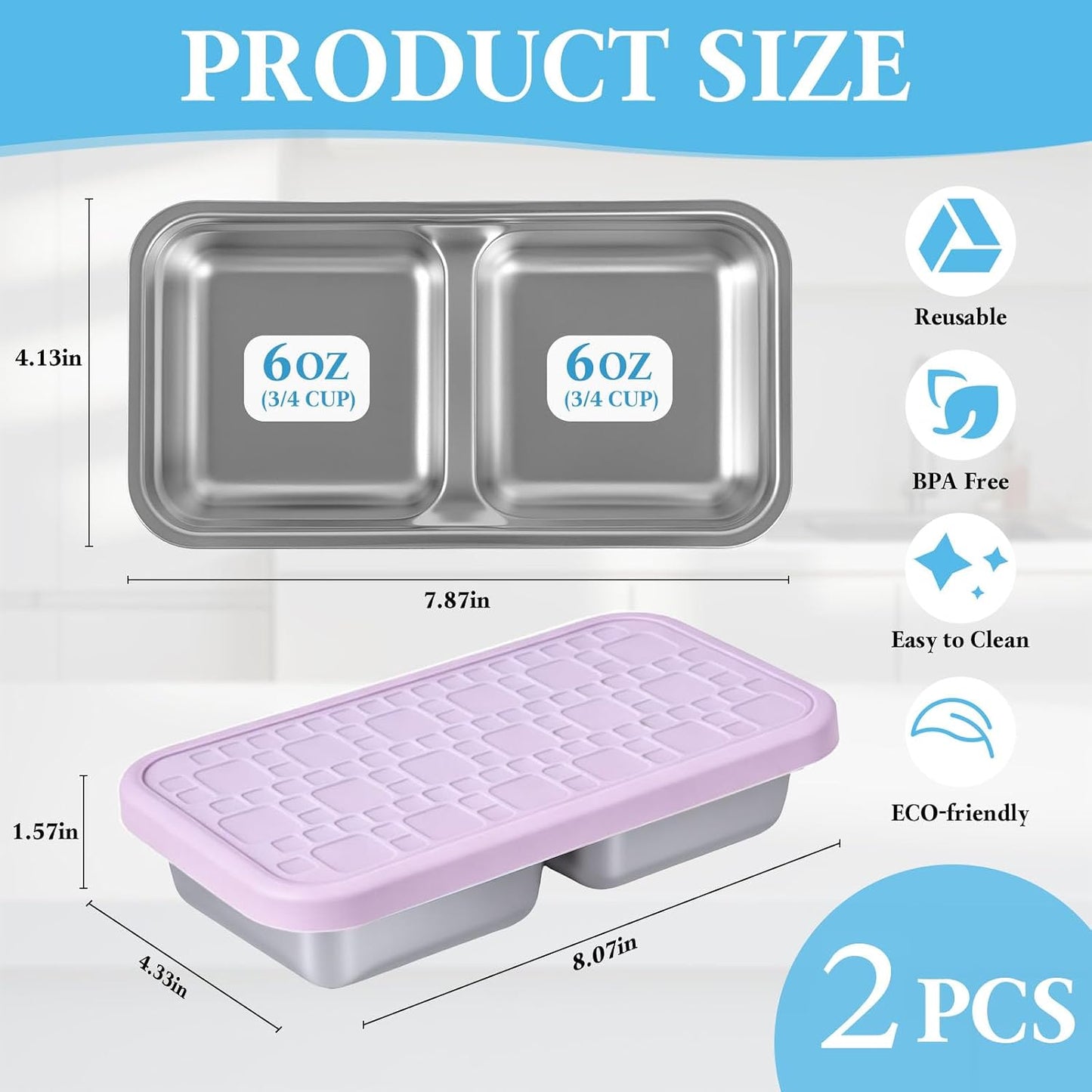 2 Pack Reusable Stainless Steel Snack Containers, Metal Food Containers with Silicione Lids, Stackable Dual Compartment Lunch Box for School Lunch, Travel and Office
