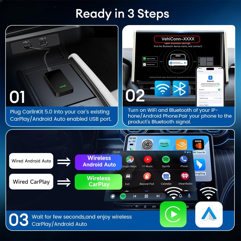 Carlinkit 5.0 Android Auto & Wireless CarPlay Adapter,Plug & Plug, Two Channel Connection, Online Update,for Cars with OEM Android Auto & Wired CarPlay (2016-2026), 10s Auto-Connect