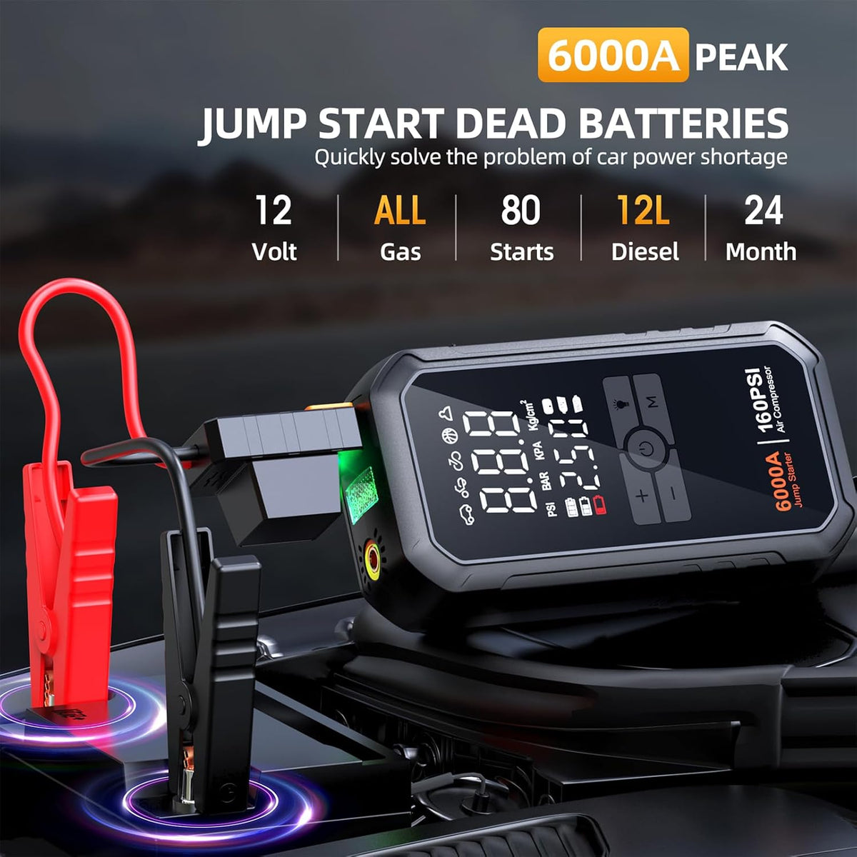 6000A 10-in-1 Car Battery Jump Starter with Air Compressor 160PSI