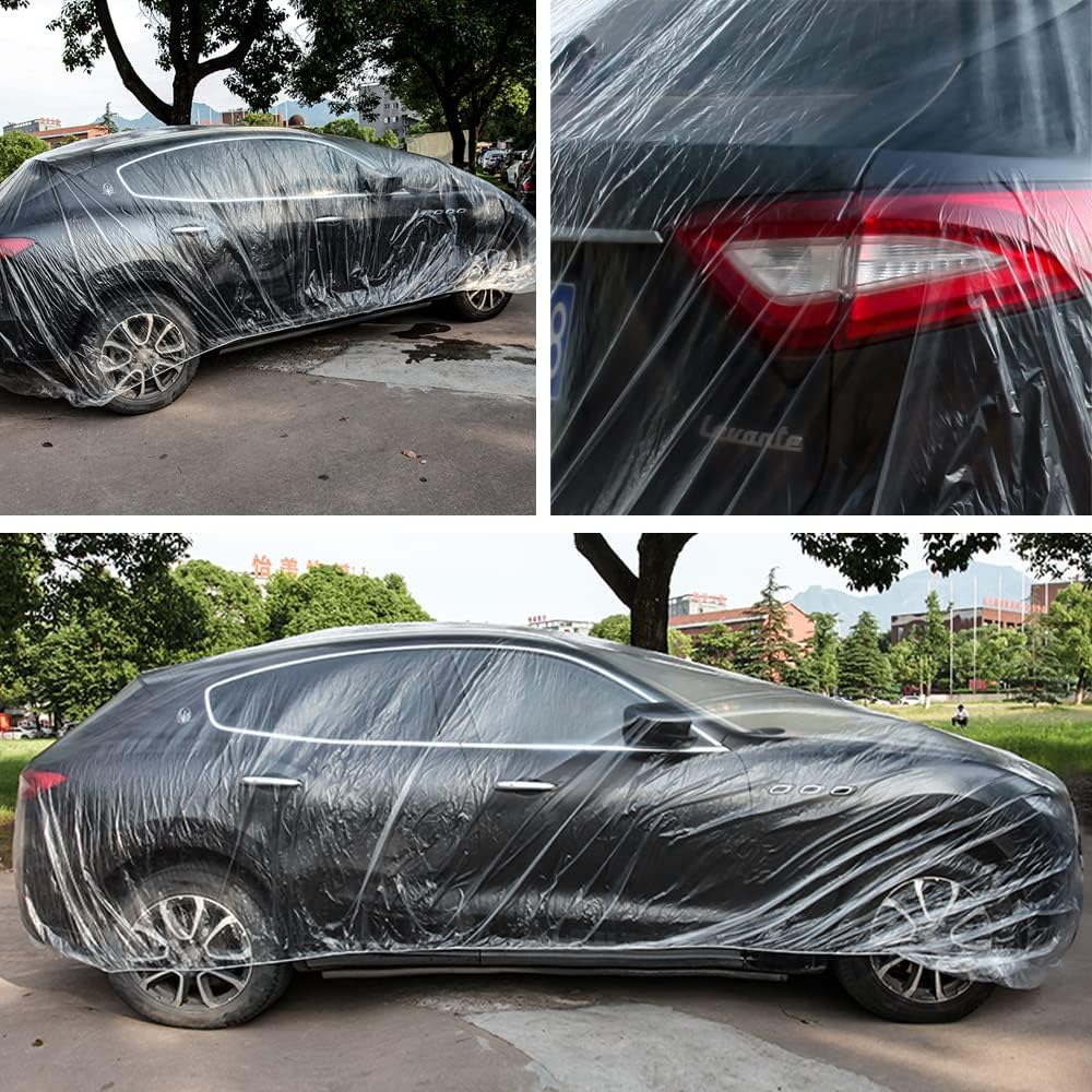 4 Packs Disposable Car Cover Clear Plastic Car Cover Universal Rain Dust Garage Cover with Elastic Band Medium (12 ft x 22 ft)