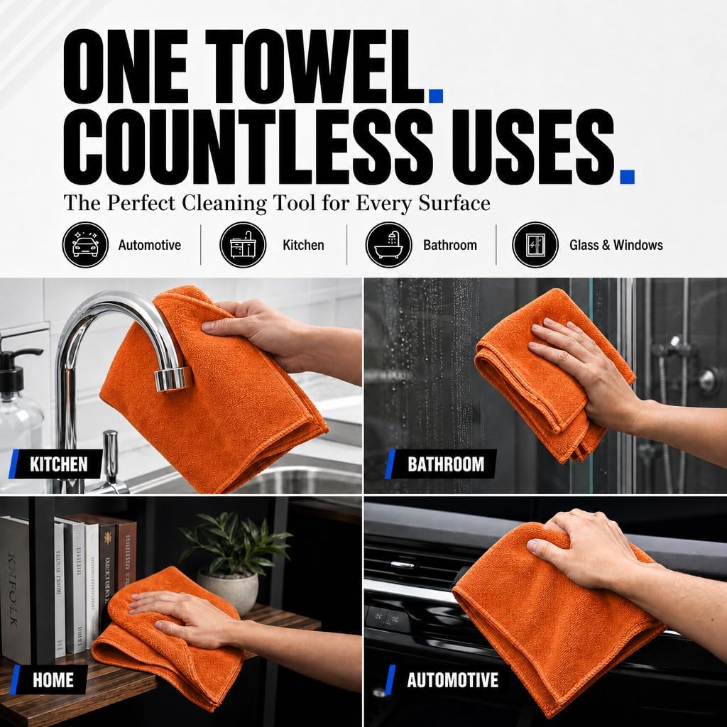 Premium Microfiber Cleaning Towels, 350 GSM, 16x16 Inch, 12 Pack, for Car, Glass, Bathroom and Home (Orange, 16" x 16")