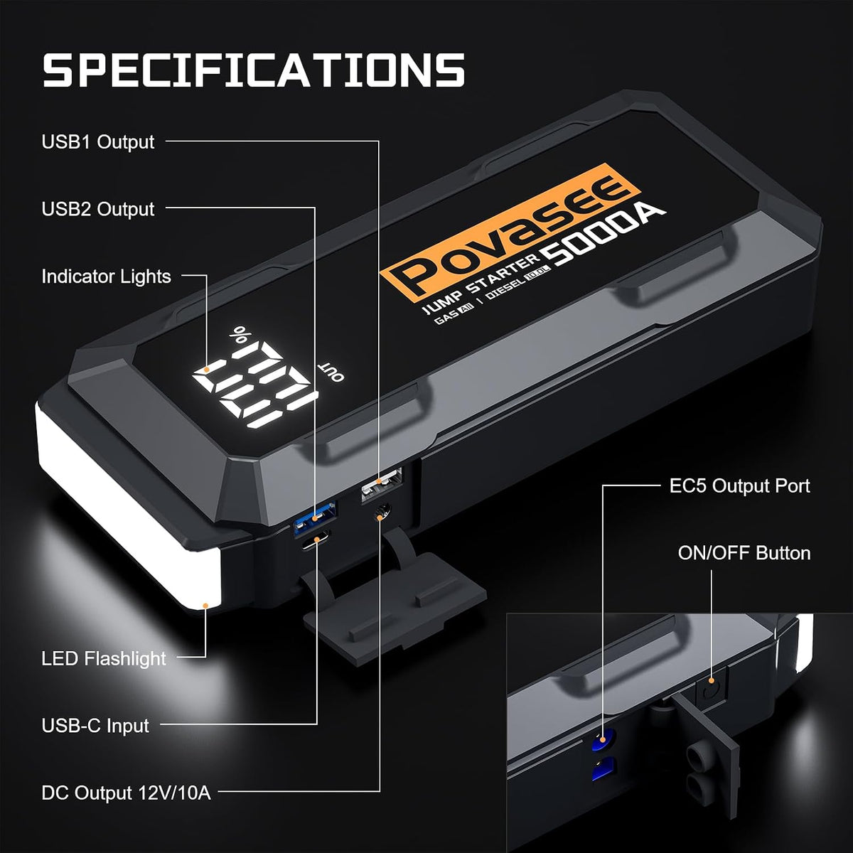Povasee Car Battery Jump Starter 5000A Jump Box (All Gas/10L Diesel) Portable Car Jump Starter Battery Pack, 12V Jumper Starter Portable 3" LCD Display/Dual Output/LED Light DC