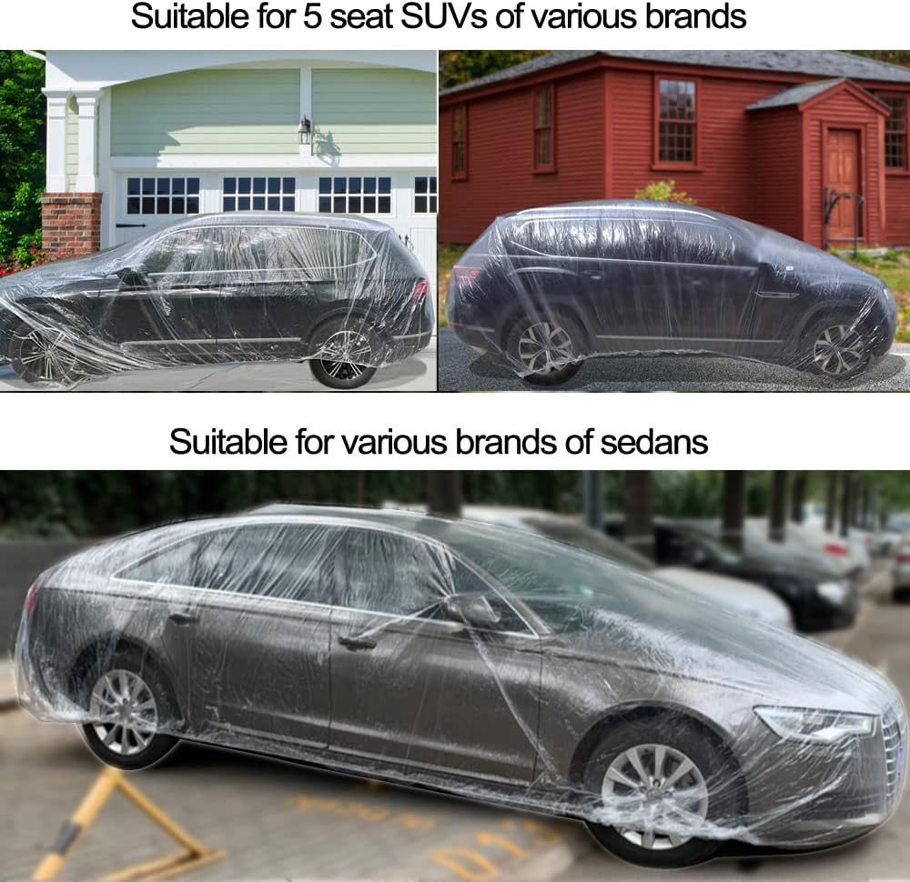 LuliKa 3 Packs Disposable Car Cover Clear Plastic Car Cover Universal Rain Dust Garage Cover with Elastic Band Medium (12.4 FT x 21.6 FT)…