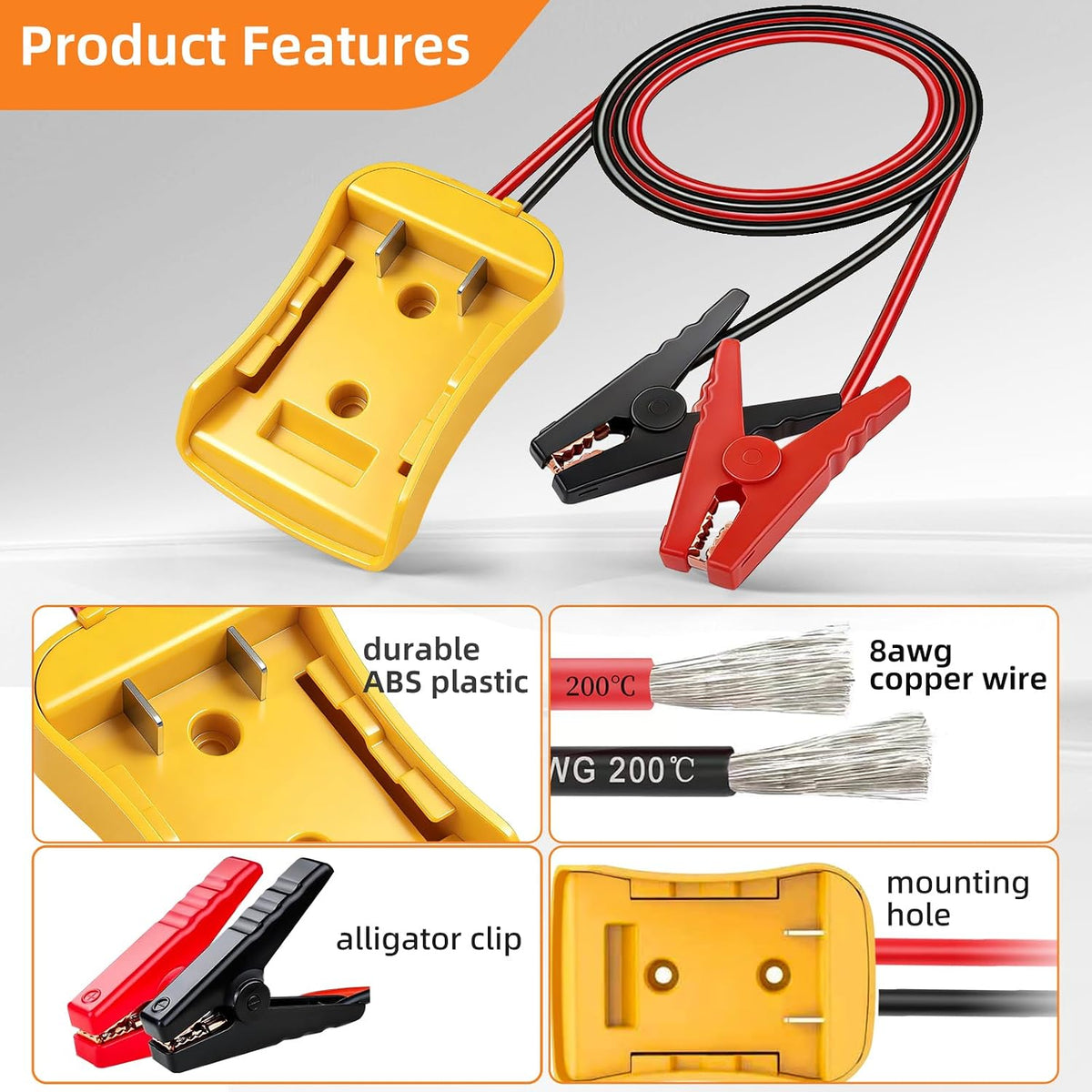 3.5FT 8AWG Flexible Silicone Cable Adapter with Alligator Clips,Compatible with Dewalt 18/20V,The Silicone Wire Heat-Resistant up to 392°F,The Clamps are Sturdy,No Switch, no Fuse