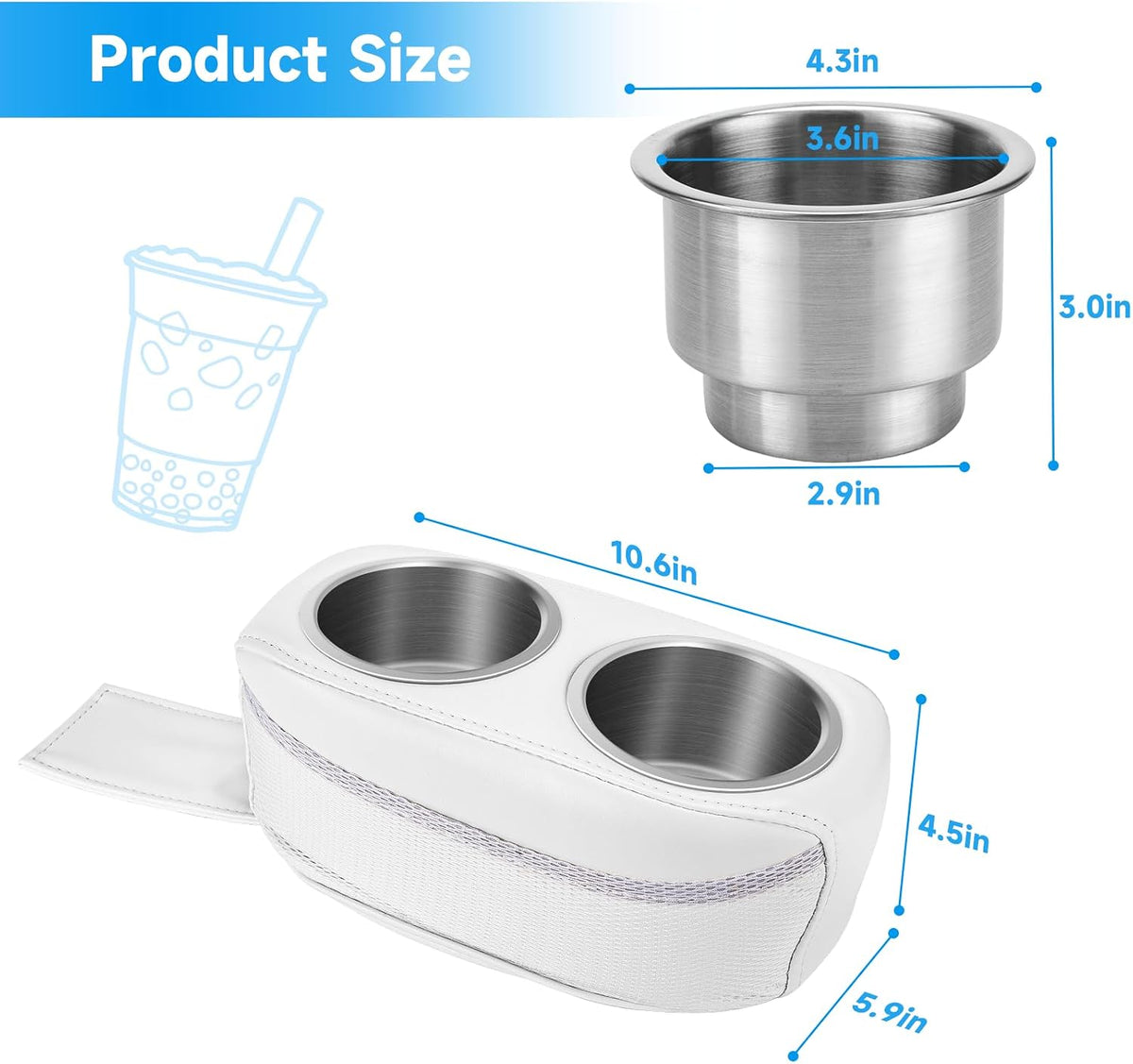 Pontoon Cup Holder, Double Drink Holder for Boat, Stainless Steel Cup Holders for Pontoon Boat, Yacht, RV,Car (White)
