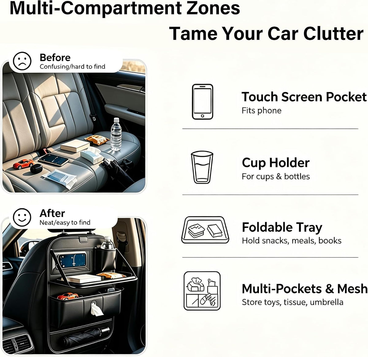 Universal Foldable Leather Car Backseat Organizer, Detachable Table Tray, Multi Storage Pockets, Tissue Cup Holder, Fits Cars SUVs Trucks Pickups For Travel Camping,1 Pack.