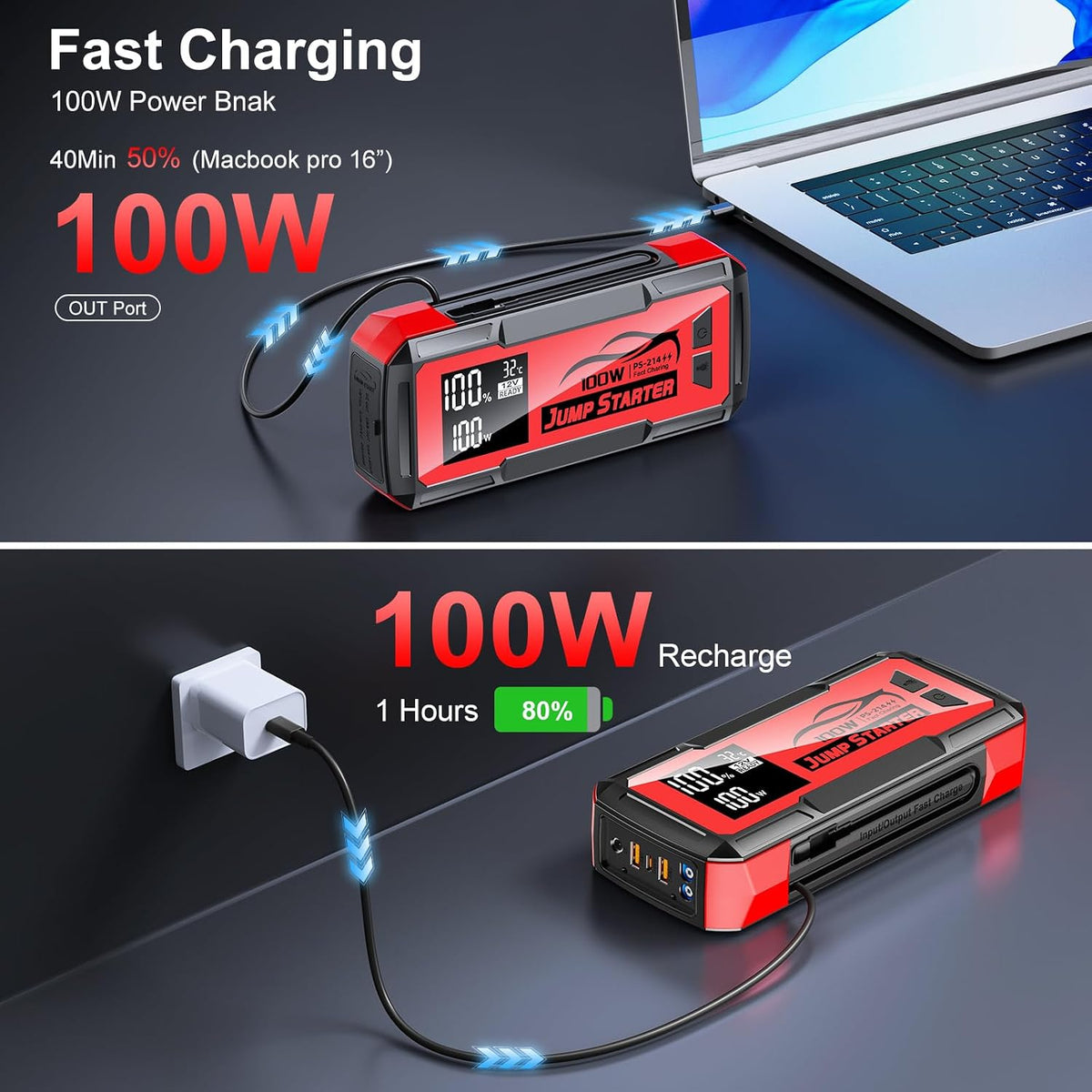 Jump Starter with Built-in Cable 16000A&59.2Wh, Portable Power Bank for 100W Dual-Way Fast Charging,12V SuperSafe Lithium Jump Box, Battery Booster Pack Up to (All Gas/14L Diesel)