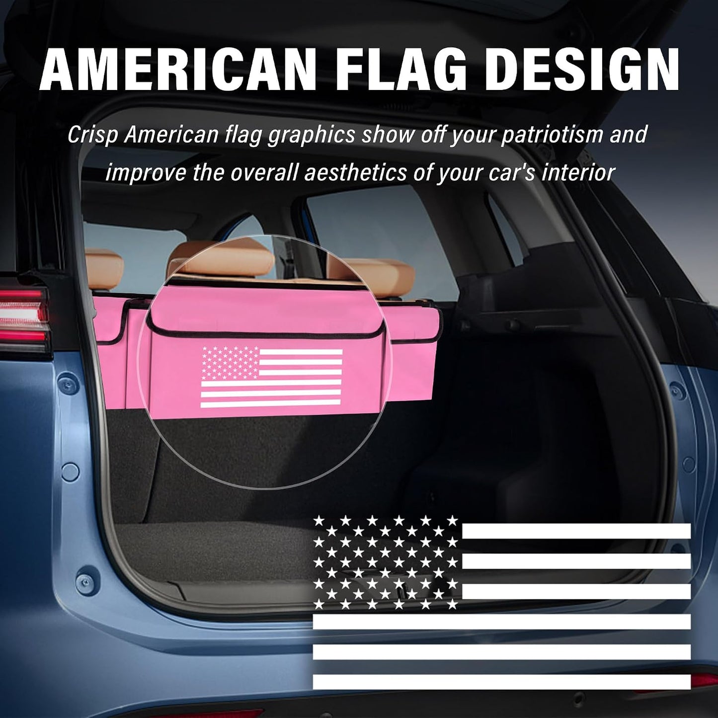 Turcee Car Trunk Organizer,Large Capacity Car Storage Organizer with US Flag Design,Hanging Foldable Car Organizers and Storage Car Interior Accessories (Pink)