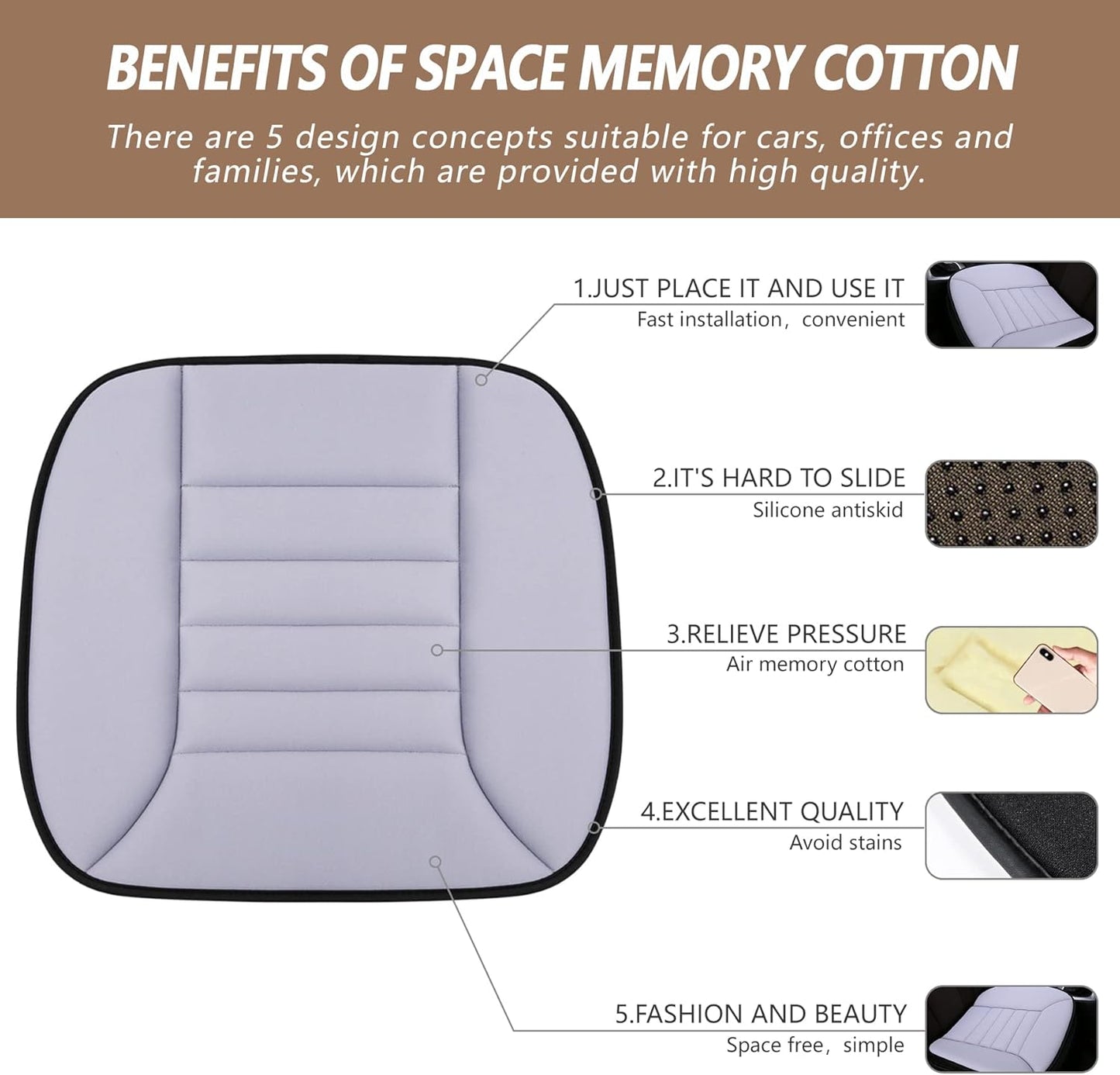 MYFAMIREA Car Seat Cushion Pad 1.2" Thick Comfort Seat Protector for Car Driver Seat Office Chair Home Use Memory Foam Seat Cushion with Non Slip Bottom, 20'' x 18.5'', Gray