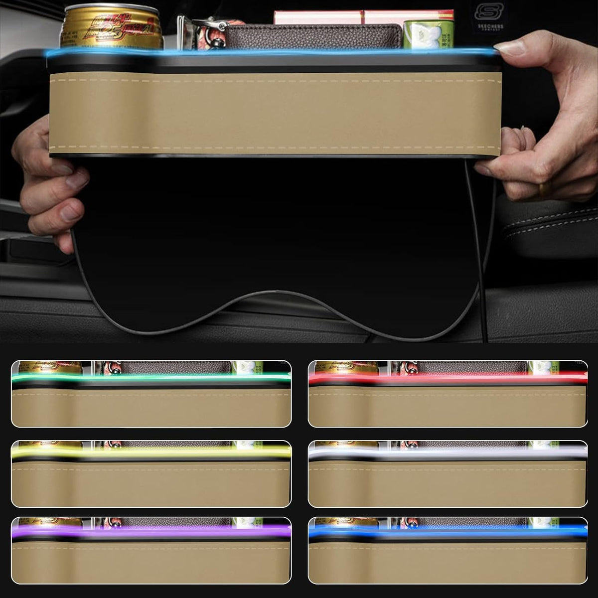 Car Seat Gap Filler Organizer, 2 Pack Multifunctional Car Seat Organizer, 7 Colours Changing LED Car Seat Seam Filler, Auto Console Side Storage Box with Cup Holders (beige)