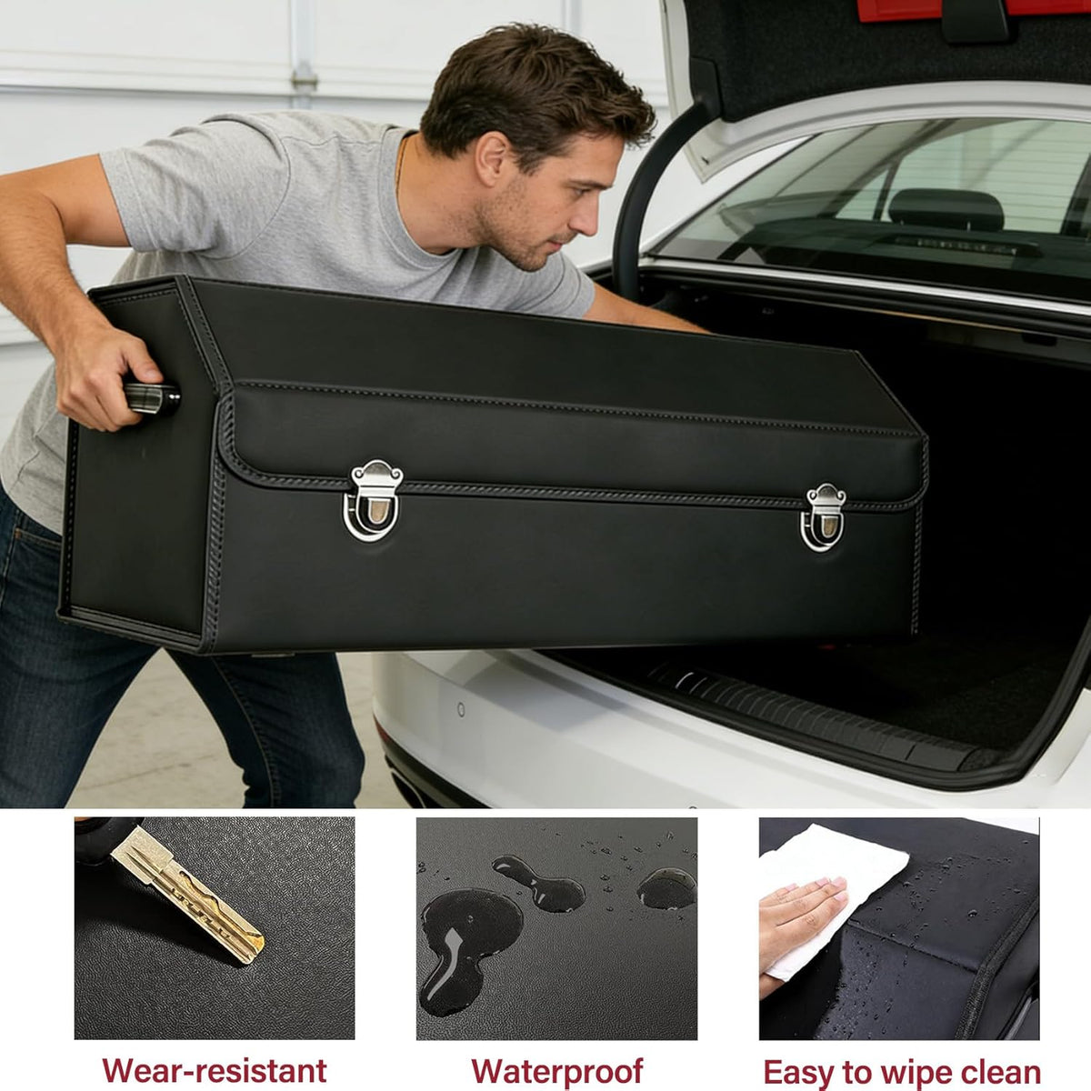 Leather Storage Box Car Trunk Organizer with Lid, Foldable PU Leather Cargo Storage Bin for SUV Sedan Truck, Portable Auto Organizer for Grocery Tool Storage, Black 29.5" L*12.2" W*11.8" H