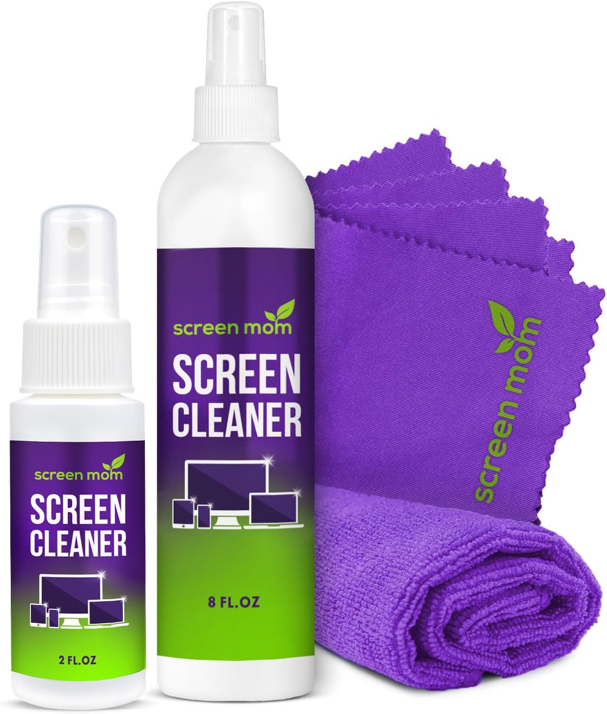 Screen Mom Screen Cleaner Spray 8oz & 2oz for TV, Car, Laptop and Computer | Streak-Free Formula, Alcohol & Ammonia Free, 4 Microfiber Cloths, Cleans TVs Phones Tablets Glass OLED, Residue-Free Cleaning