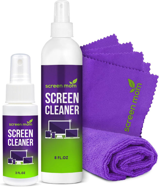 Screen Mom Screen Cleaner Spray 8oz & 2oz for TV, Car, Laptop and Computer | Streak-Free Formula, Alcohol & Ammonia Free, 4 Microfiber Cloths, Cleans TVs Phones Tablets Glass OLED, Residue-Free Cleaning