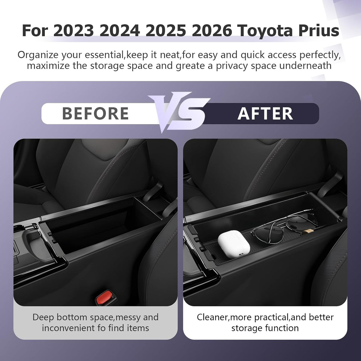 LUWU 2026 2027 Prius Center Console Organizer for 2023-2025 2026 2027 Toyota Prius LE/XLE/Limited/Nightshade Accessories Armrest Console Storage Box Glove Organizer Tray ABS Material (Black)