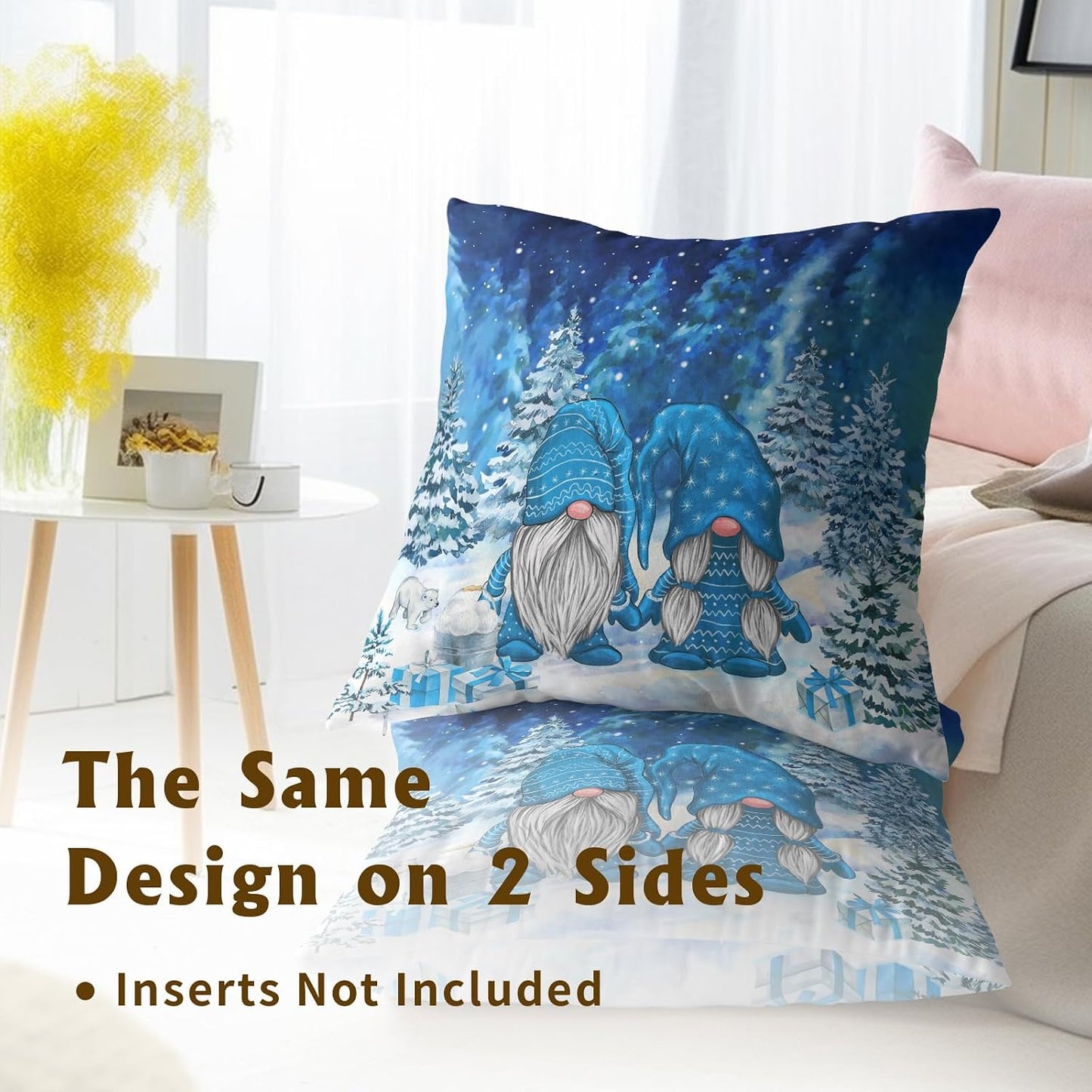 Giwawa Winter Blue Gnome Throw Pillow Covers 18x18 Inch Pine Tree Pillowcases Set of 2 Square Seasonal Cushion Cases for Bed Couch Car Home Decor