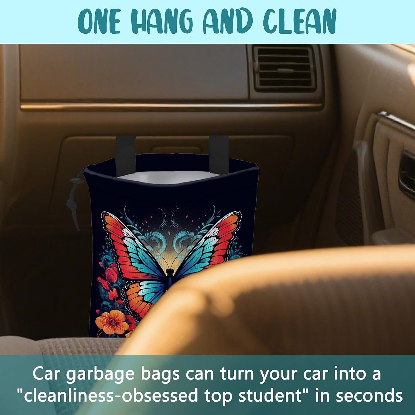 Car Garbage Bag Colorful Butterfly with Flowers Hanging Canvas Car Trash Bag Waterproof Drawstring Car Back Seat Organizer for Car Back Front Seat Console with Adjustable Buckle
