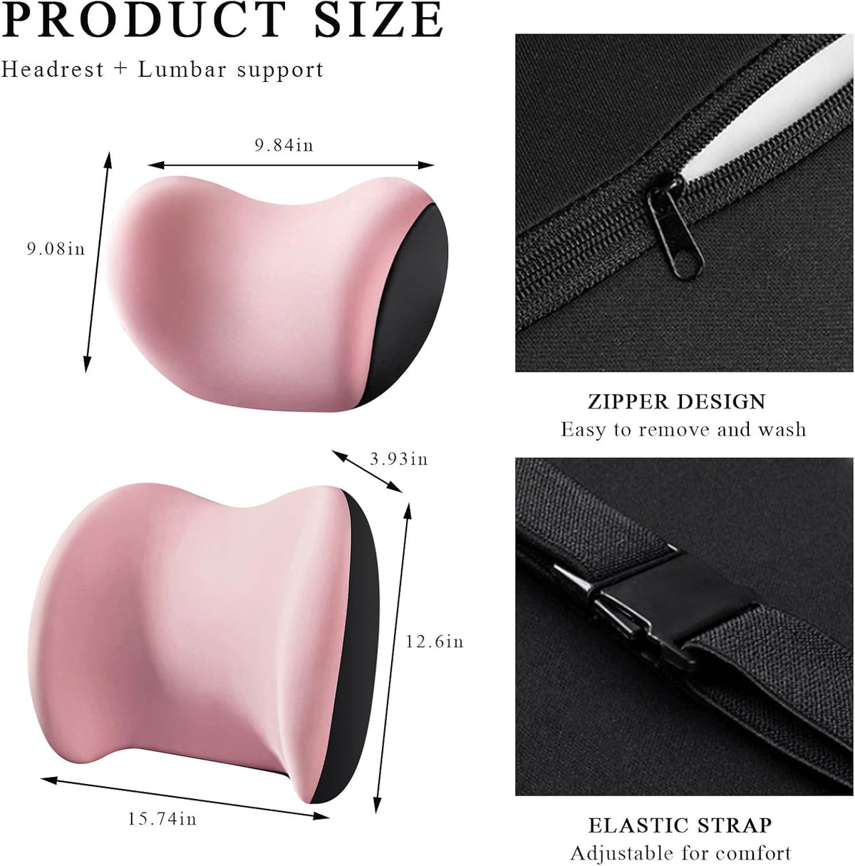 Car Headrest & Lumbar Support Cushion, Ergonomic Memory Foam Car Neck Back Support w/Removable Cover, Universal Breathable Lumbar Cushion Headrest Pillow with Adjusatble Strap (Pink)