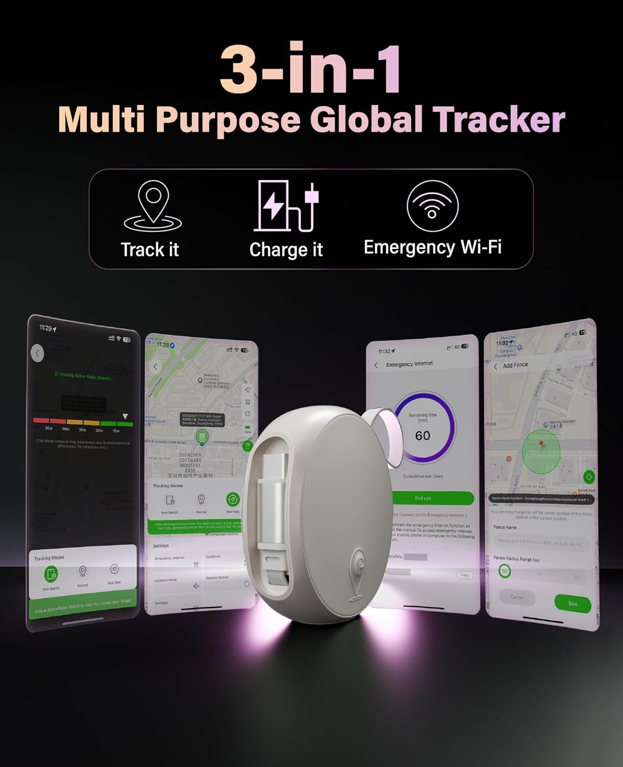 GlocalMe UniCord Plus 3-in-1 Tracker Device for Vehicles, 60W Retractable USB C Fast Charging Cable with Emergency WiFi Hotspot, Real Time Tracking and GeoFence, Unlimited Distance for Car Tracker