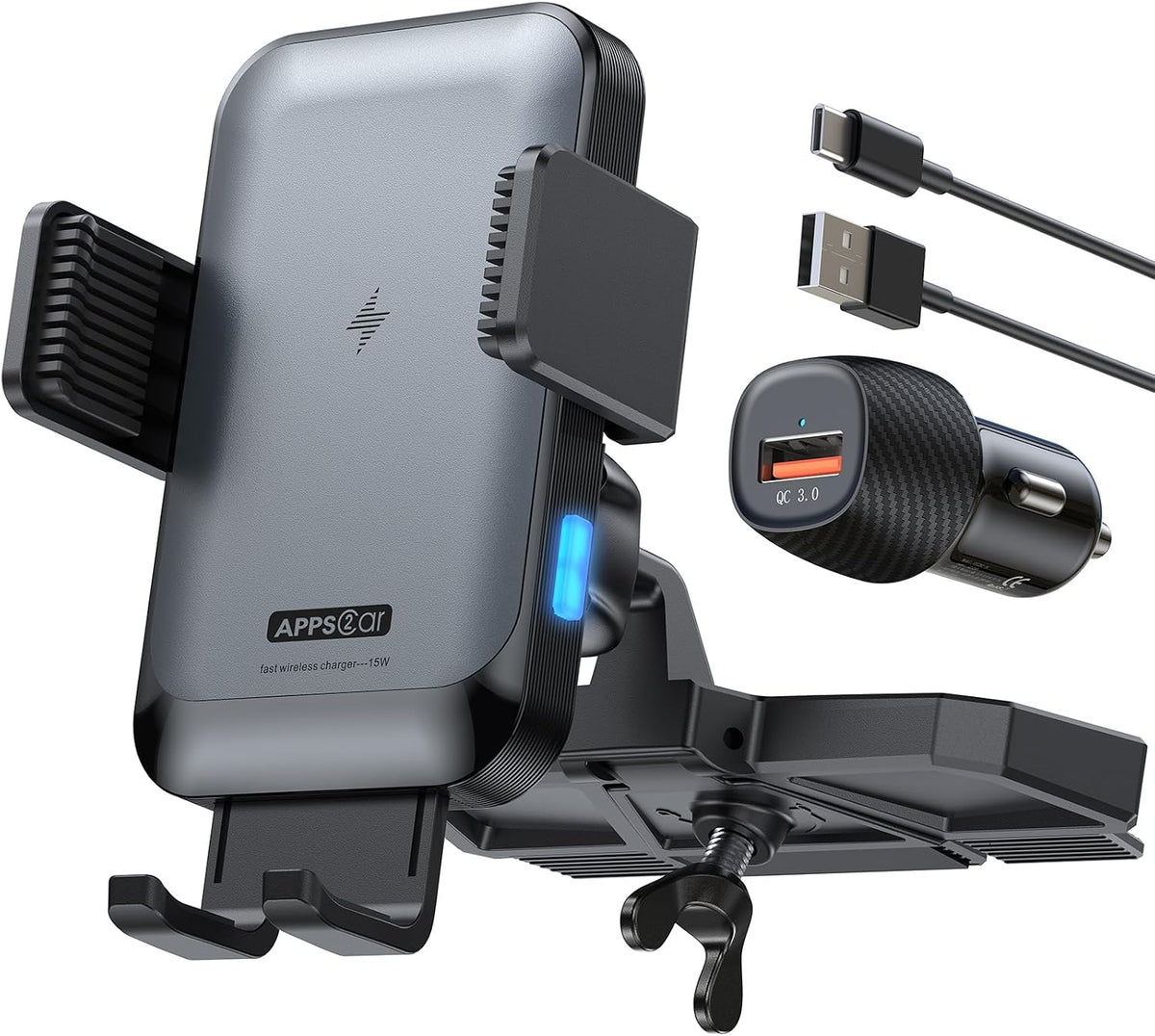 APPS2Car Wireless Car Charger Mount CD Slot Auto Clamping 15W Fast Charging