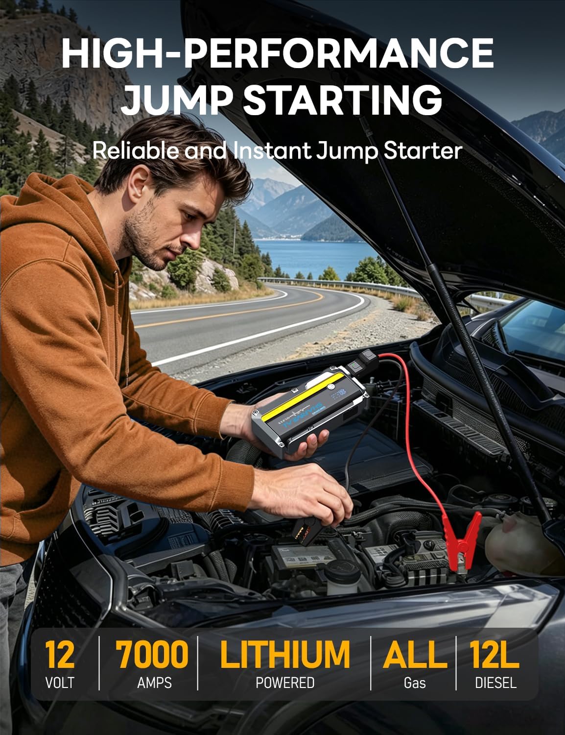 7000A Jump Starter, 12V Battery Jumper Starter Portable Car Booster, Jump Box Pack for All Gas & 12.0L Diesel with 800 Lumen Flashlight and Jumper Cables