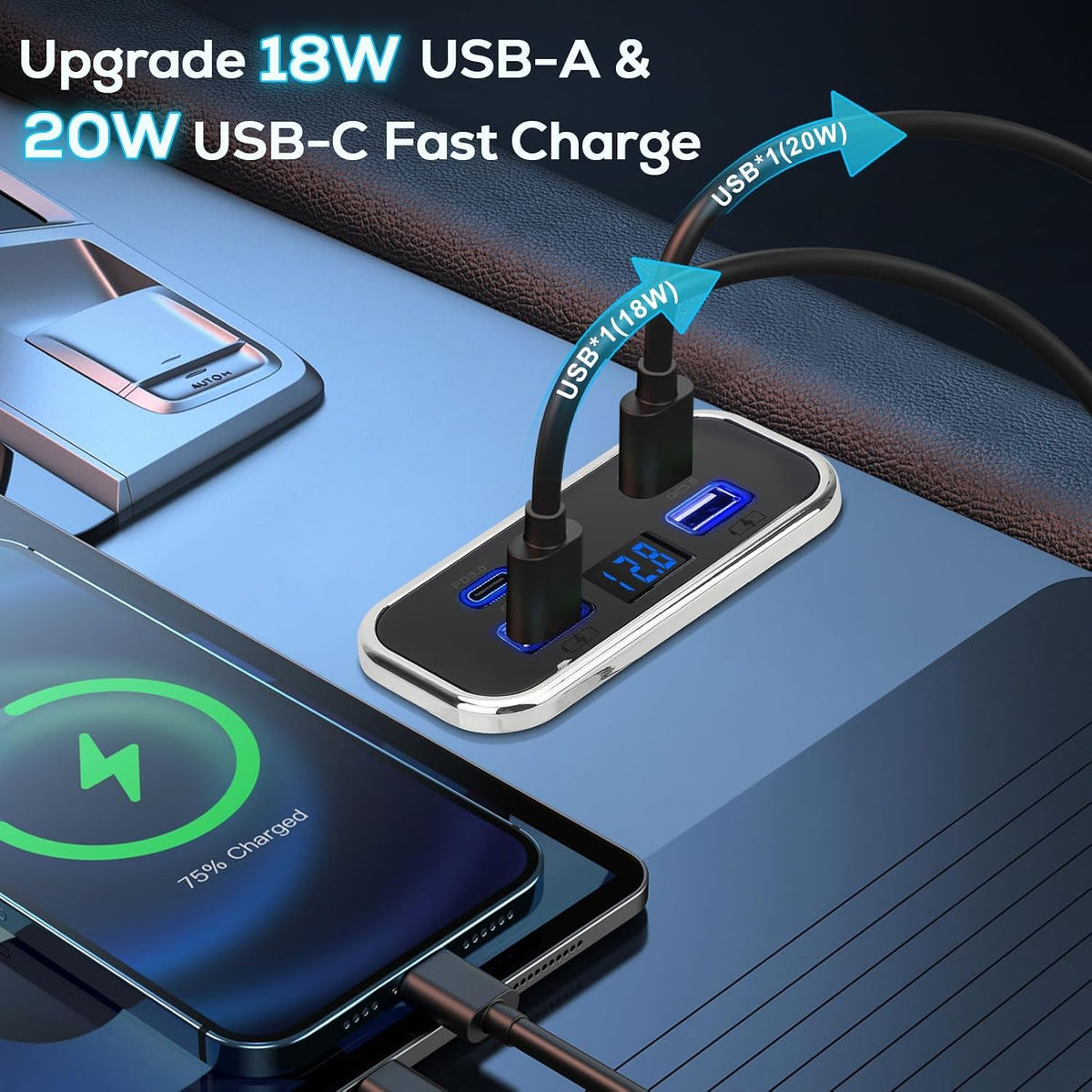 Linkstyle 12V USB Outlet Panel, 4-Port Car Charger with Dual 20W PD USB-C & Dual 18W QC3.0 Ports, Built-in Voltmeter, 12V/24V RV Charging Panel for Camper Travel Trailer
