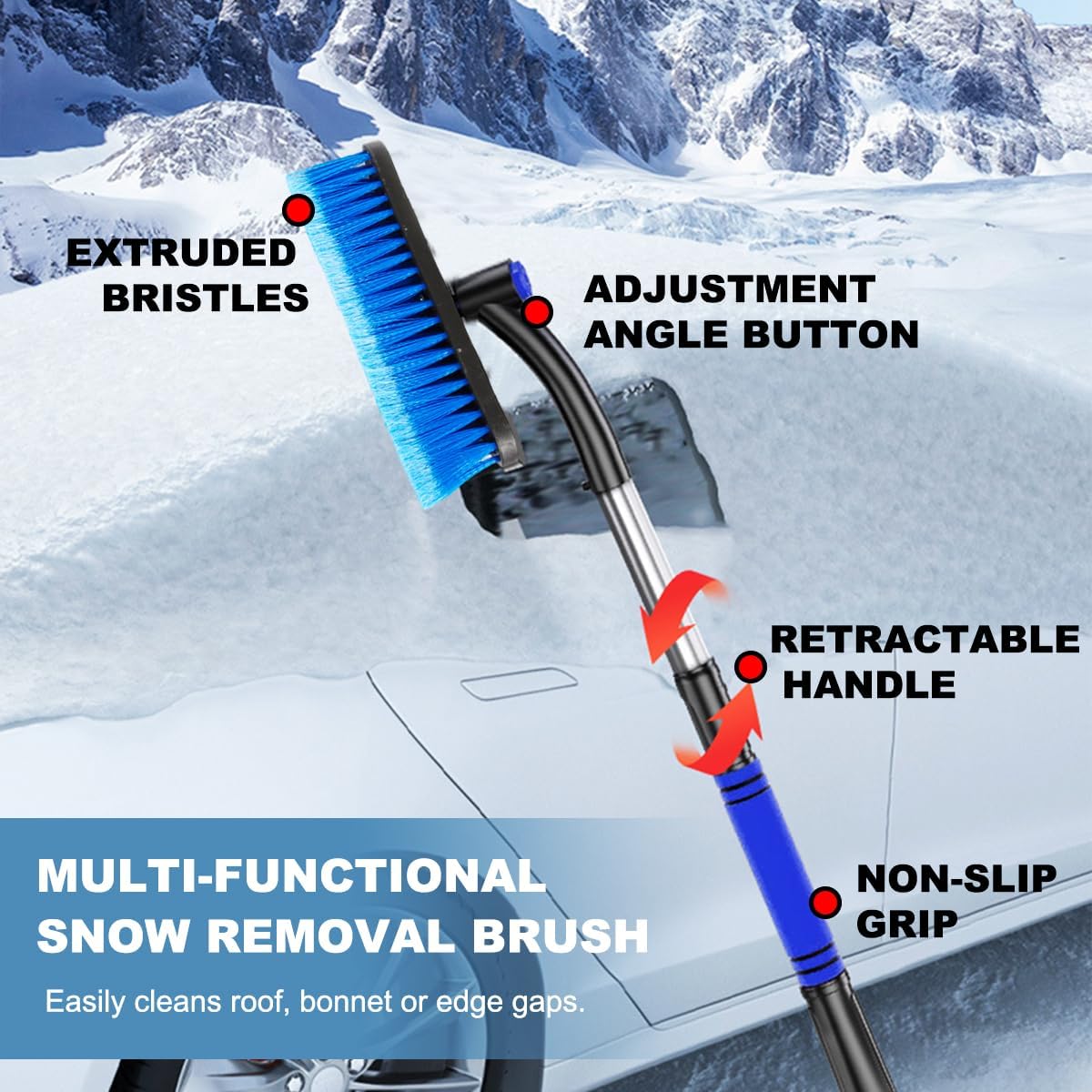 Wevdn Car Snow Brush with Ice Scraper, Detachable Stretchable Snow Scraper with 360° Rotatable Brush, Automotive Multi-Functional Snow and Ice Removal Tool, Car Accessories (Blue)
