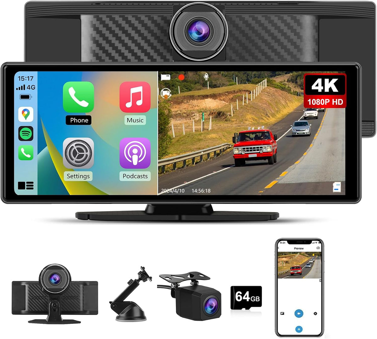 10.26" Carplay Screen for Car Portable, Carplay & Android Auto Car Stereo, Touchscreen GPS Navigation 4K Dash Cam/1080P Backup Camera/Mirror Link/Bluetooth/Voice Control