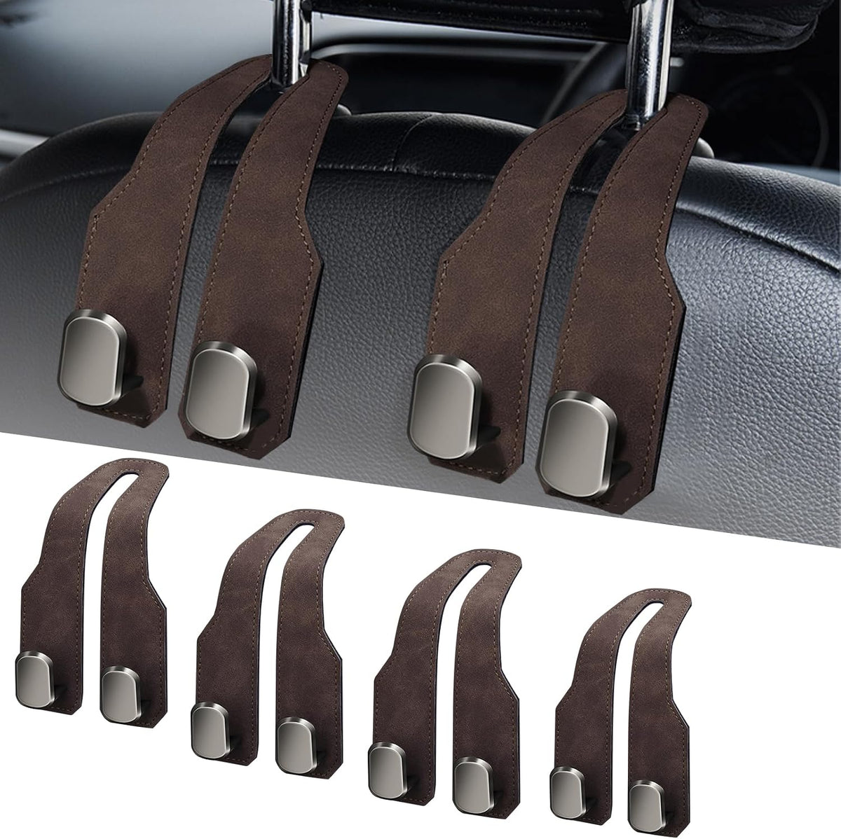 Car Purse Hook, Car Seat Headrest Hooks, Brown Leather 4 Pack