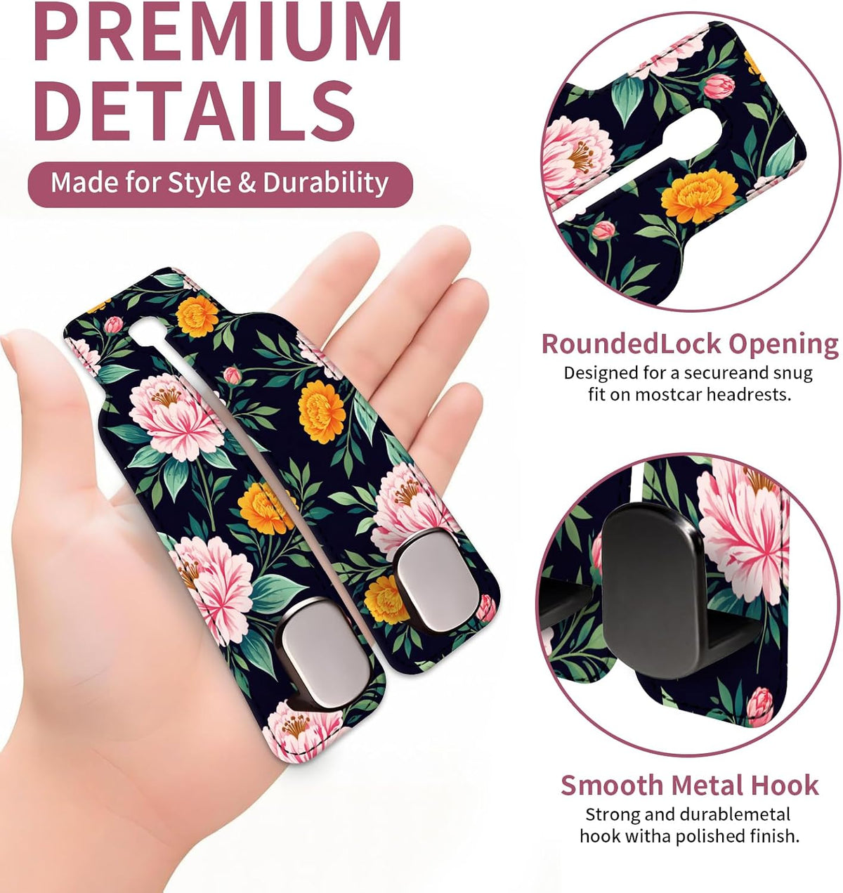 Car Seat Back Storage Hook, Funny Car Purse Hook, Cute Vehicle Storage Organizer for Purses Handbags Pink Orange Flower