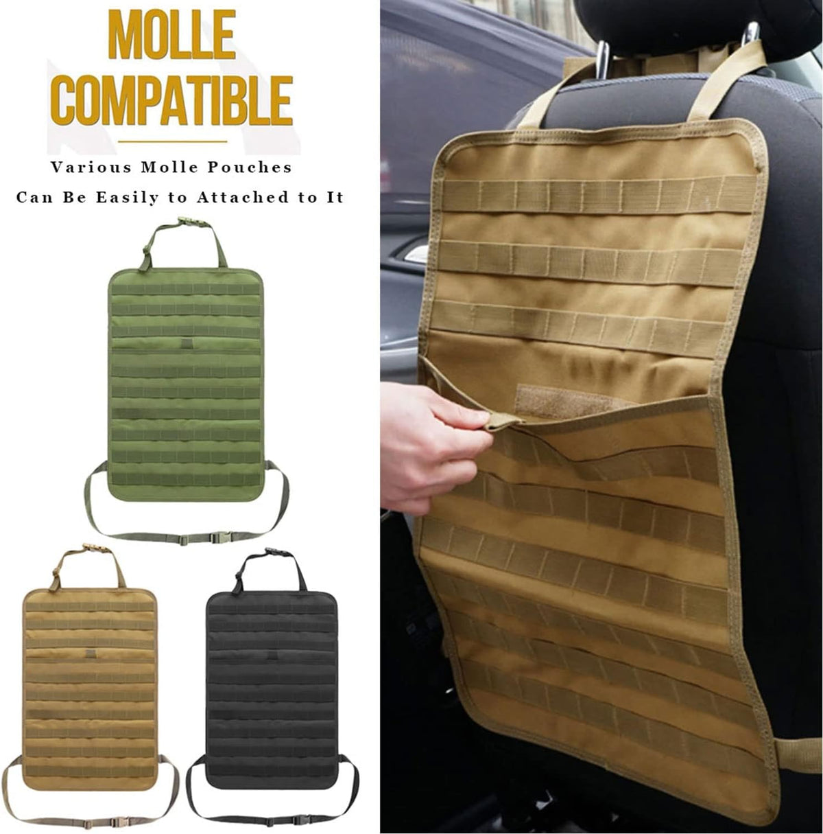 Tactical Car Seat Back Organizer Molle Backseat,Universal Molle Vehicle Organizers Panel Protector with 5 Detachable Pouches for Car Truck Jeep Vehicle (Khaki)