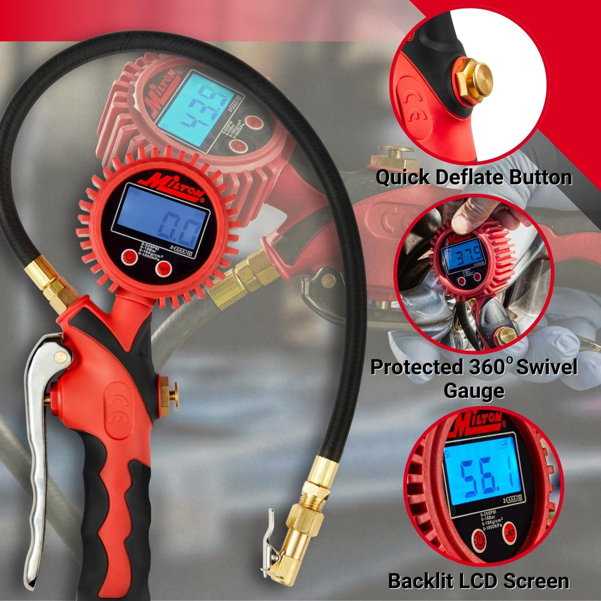 Heavy-Duty Digital Tire Pressure Gauge with Inflator, Clip-on Air Chuck, 20” Air Hose, Easy to Read 0.1 Display, Pistol Grip Handle, Max 255 PSI, 1/4" NPT, Assembled in USA