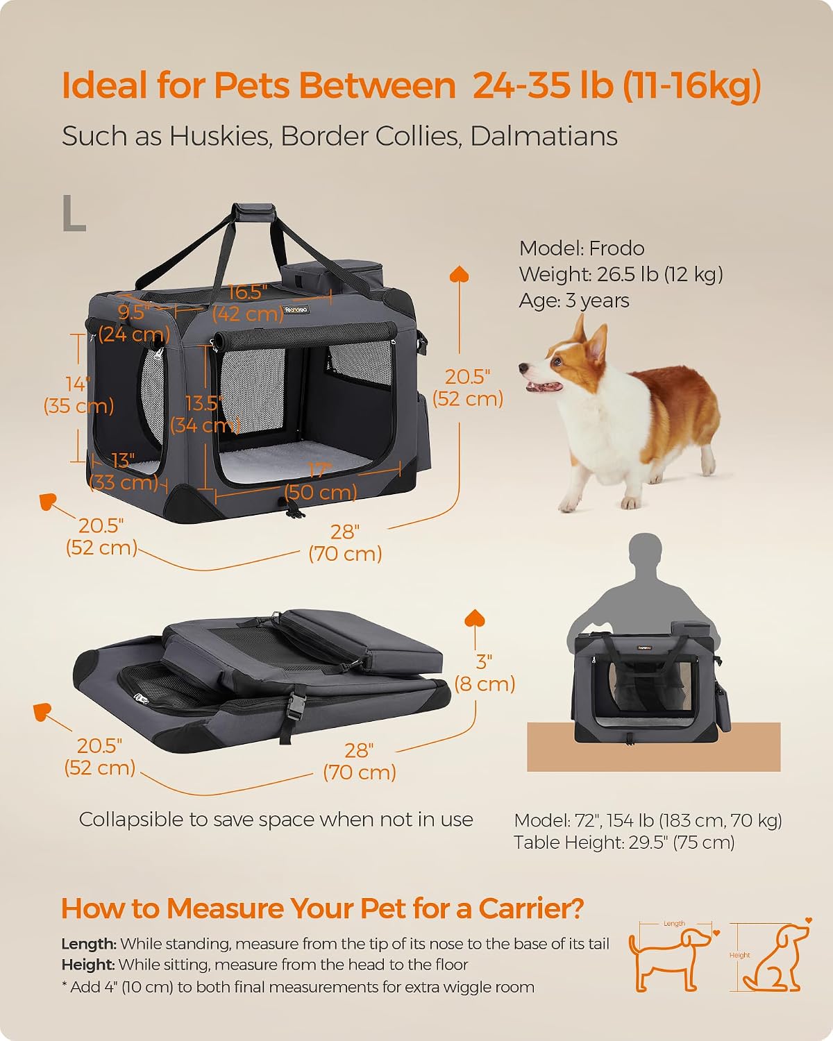Feandrea Collapsible Soft Dog Crate, Portable Travel Carrier, 28 Inches