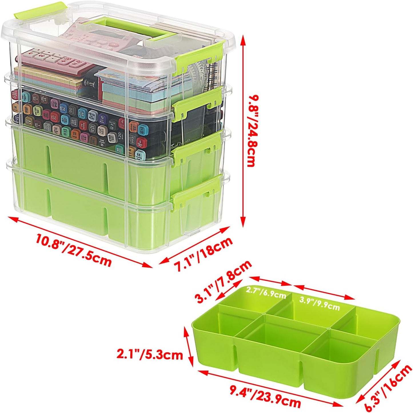 JUXYES 4-Tiers Plastic Stack Carry Storage Containers Box wih Handle Lids | Clear Stackable Latching Storage Bin With 2 Tray for School Office, Organizing Sewing, Art Craft, DIY Supplies, Green