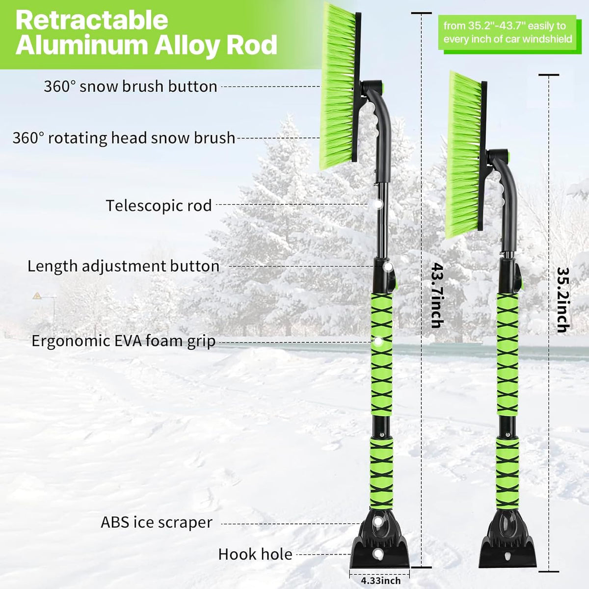 44 in Extendable Snow Brush and Ice Scraper for Car Windshield, Green