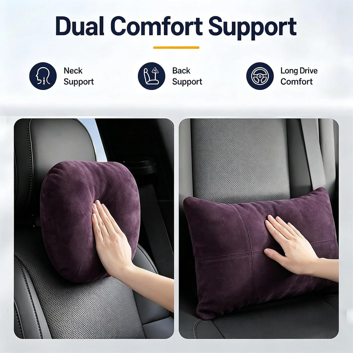 2 PCS Car Pillow for Driving Seat Soft Suede Headrest Neck & Lumbar Support