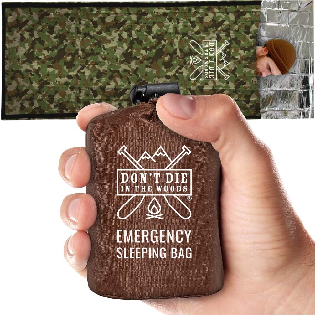 Don’t Die in The Woods - Emergency Sleeping Bag with Hood - Made with Extra Thick Thermal Mylar - for Hiking First Aid Kit Camping Blanket Survival Gear Essentials