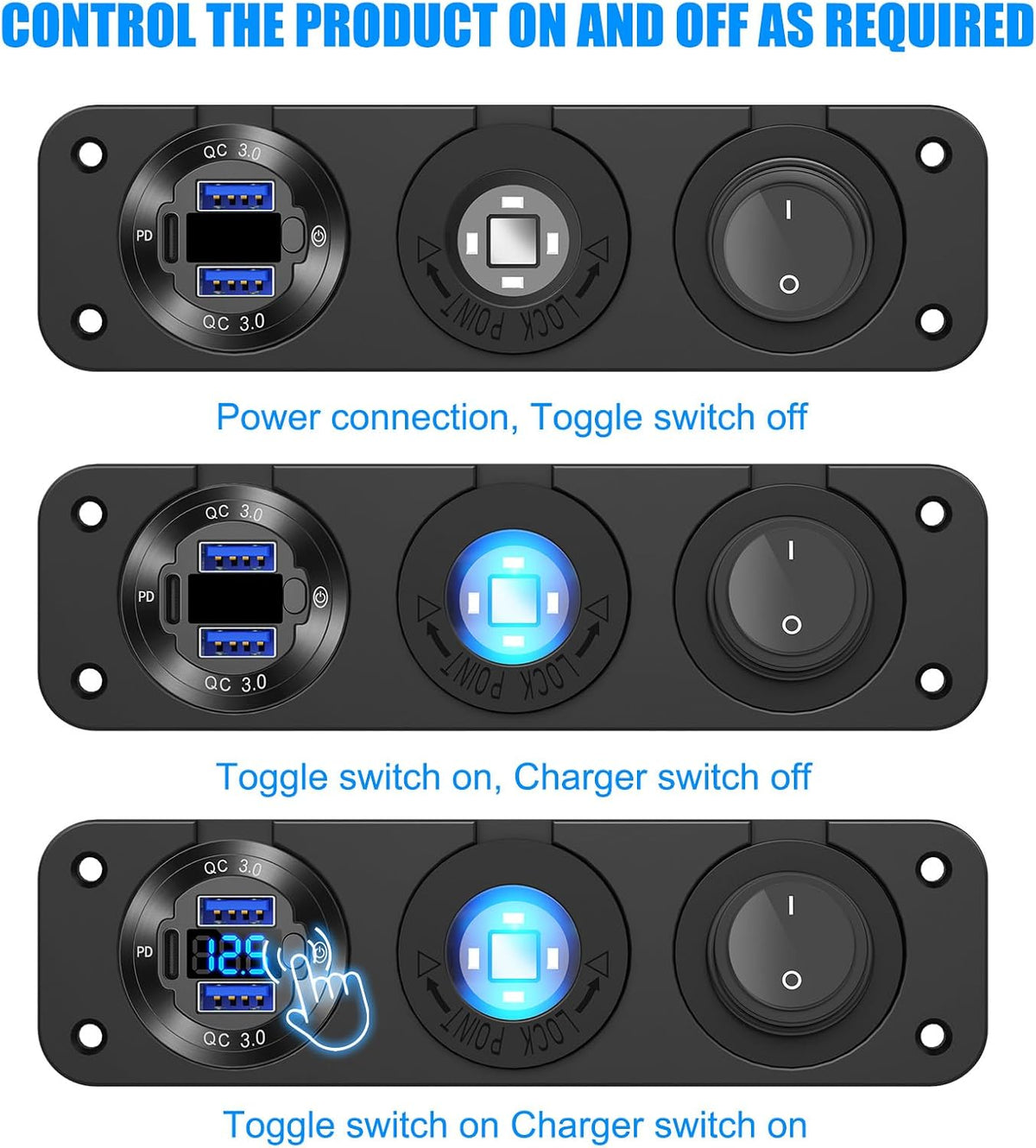 12V USB Outlet Boat Accessories Marine Switch Panel Plug, PD3.0 and Dual QC3.0 USB Ports Aluminum Car Charger with Voltmeter, Lighted 150W Cigarette Lighter Socket and Toggle Switch 3 in 1 DIY Kit