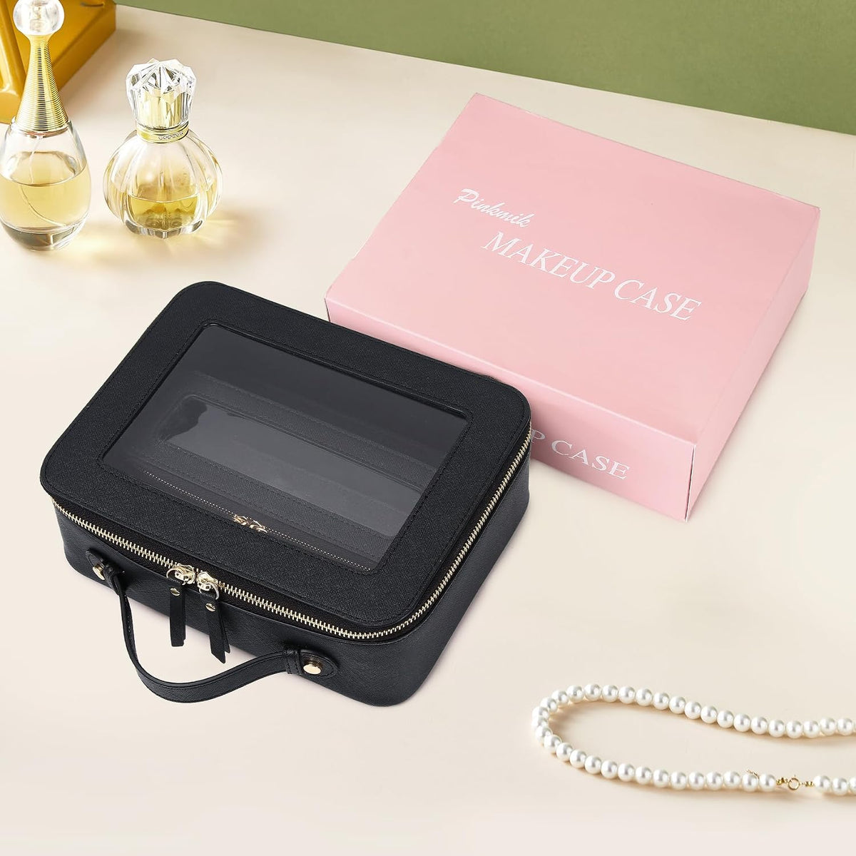 Pinkmik Clear Makeup Bag with Brush Bag, (Black, L+SLIM)