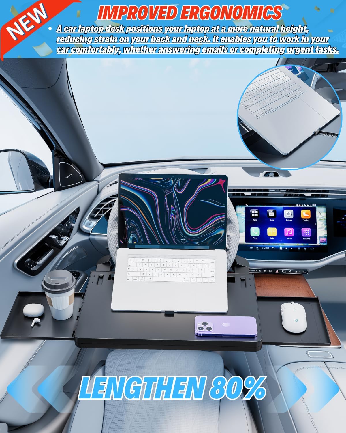 Steering Wheel Laptop Tray for Car, Adjustable Workstation Desk