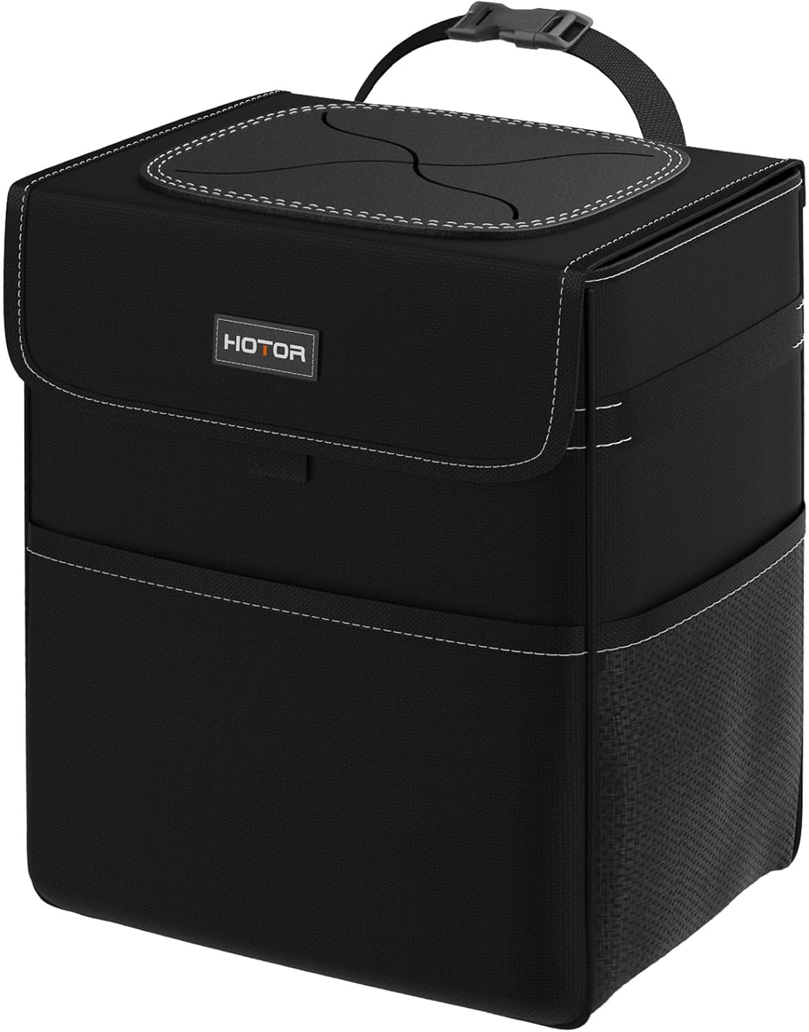HOTOR Car Trash Can with Lid, Brown Trash Bag Hanging with Storage Pockets, 100% Leak-Proof Garbage Can with Adjustable Straps, Magnetic Snaps, Waterproof Interior Car Bin