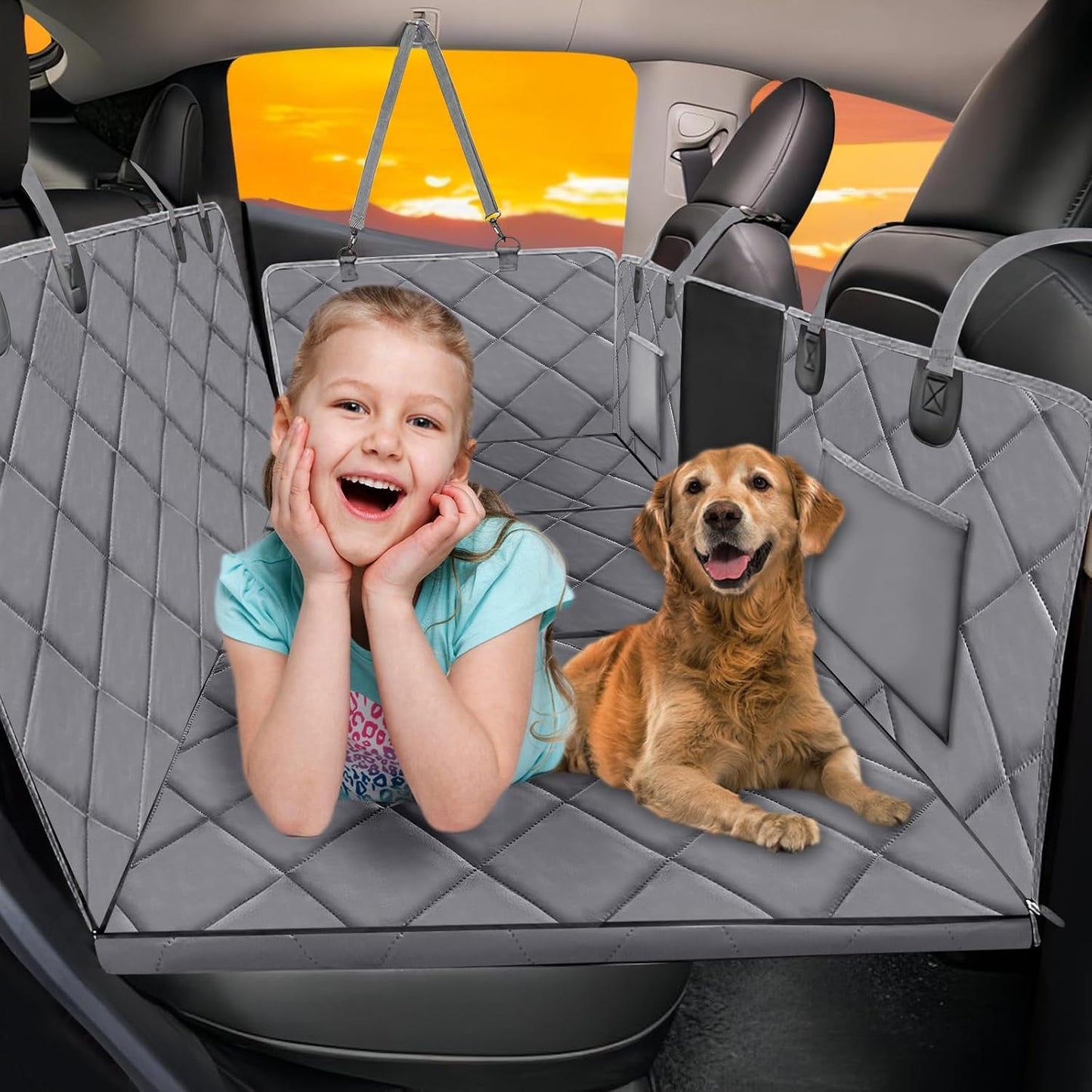 Back Seat Extender for Dogs-Large Space, Hard Bottom Dog Car Seat Cover for Back Seat with Blankets, Sturdy Backseat Extender for Dogs, Waterproof Dog Hammock for Car, SUV, Truck
