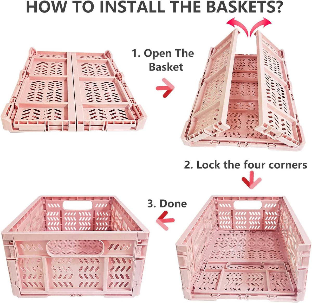 20L Foldable Crates, 4Pcs Plastic Crates Baskets for Home Office Storage.