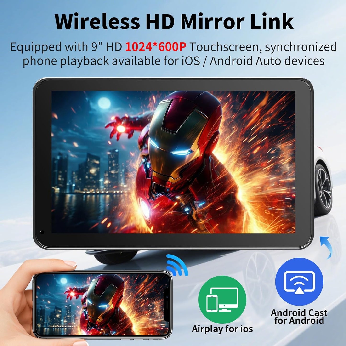 CarPlay Screen for Car, 9'' Wireless CarPlay & Android Auto - Smart Portable Touchscreen with Bluetooth/FM, Mirror Link, Voice Control, GPS Navigation, Hands-Free Calling, Plug & Play Car Play Screen