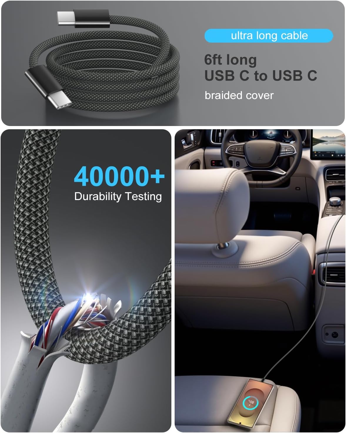 Super Fast Type C Car Charger, Besgoods Dual 45W USB C 4-Port Cigarette Lighter Adapter Compatible with Galaxy S26 S25 Ultra FE S24 S22 iPhone 17 16 15 Pro Max, with 6ft Braided USB C to C Cable
